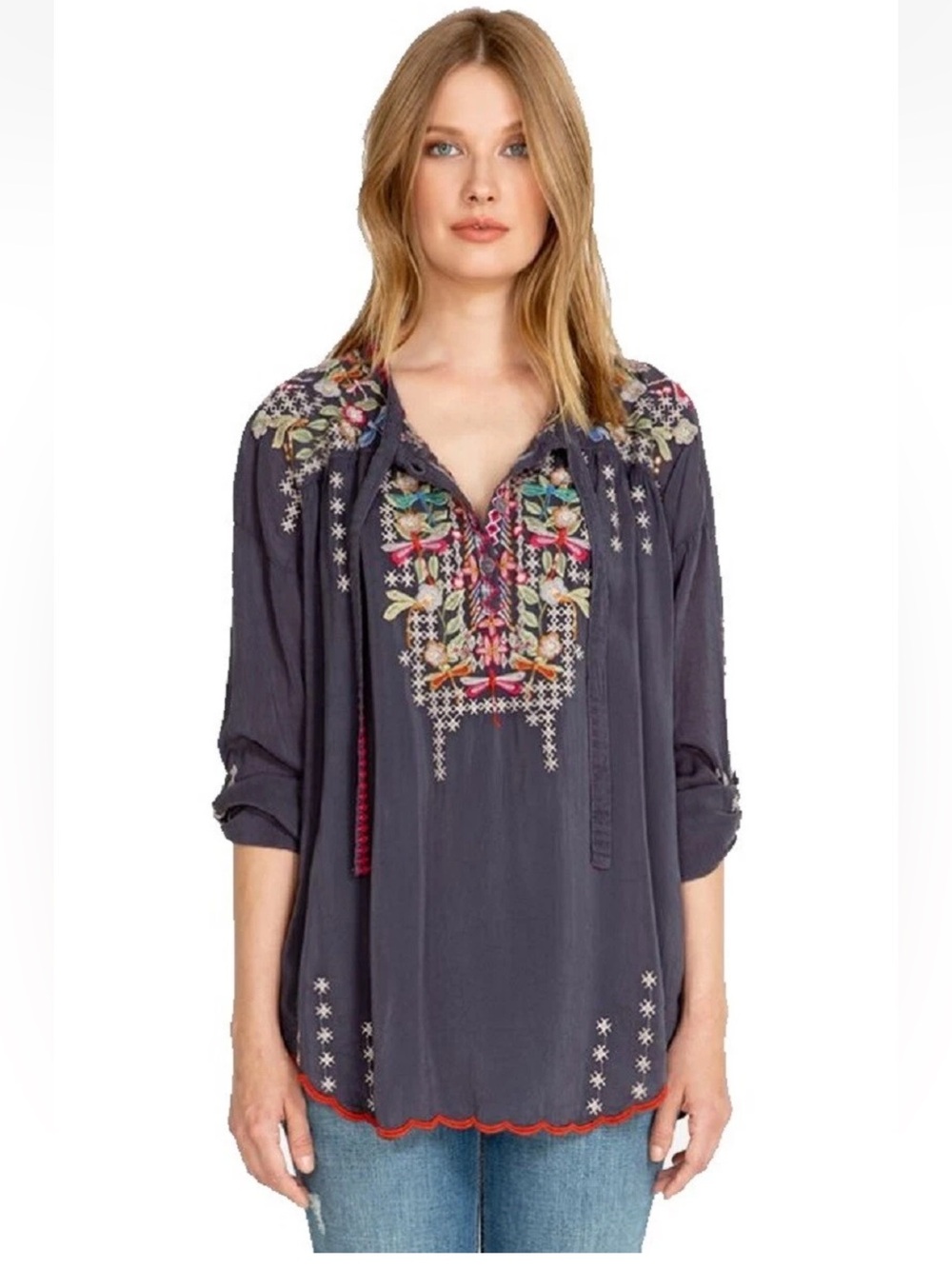 Johnny Was Dragonfly Blouse Tunic Embroidered  Grey Medium